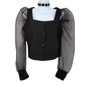 Cropped Organza Puff Sleeve Blouse Black Square Neck Button Front M L Nasty Gal